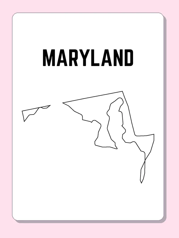Black-and-white outline of Maryland showing a thin western reach and an intricate bay-side edge