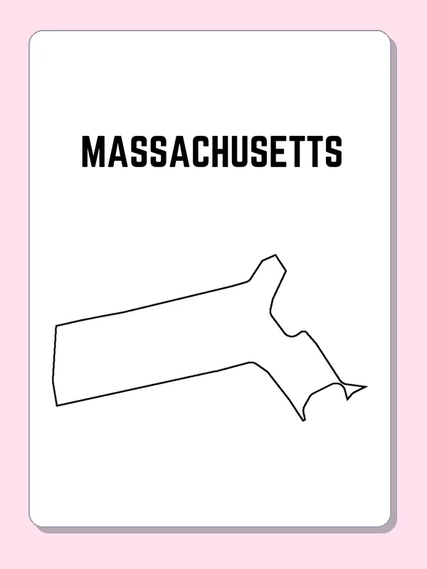 Black-and-white outline of Massachusetts showing a narrow mainland and a hooked eastern peninsula