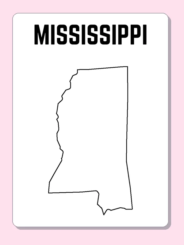Black-and-white outline of Mississippi showing a tall form with a curving western river border