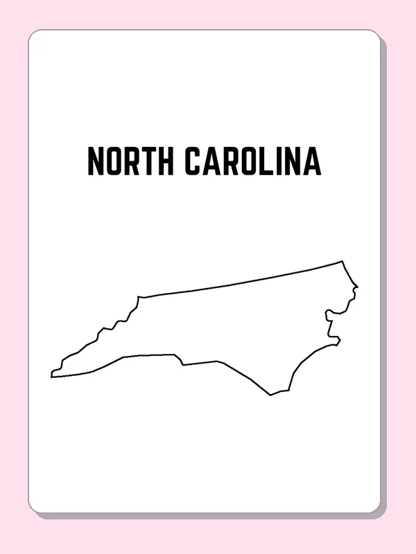 Black-and-white outline of North Carolina showing a long mainland form and an intricate Atlantic edge