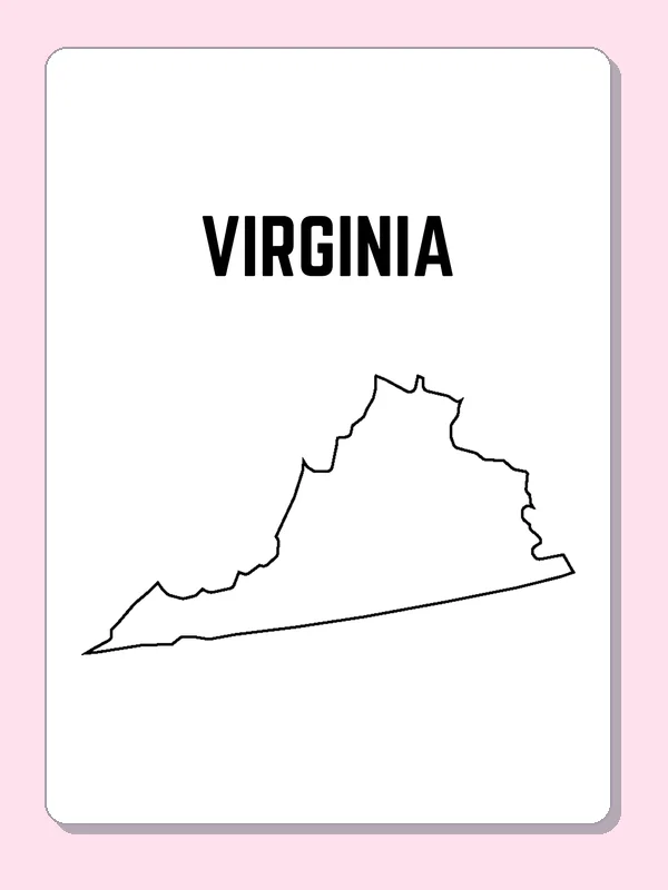 Black-and-white outline of Virginia showing a long inland reach and an indented Atlantic side