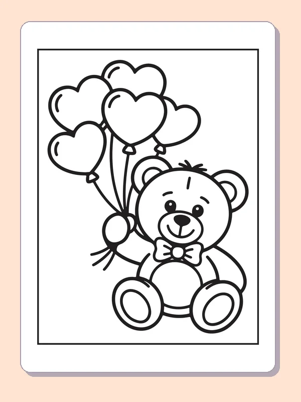 Black and white printable bear holding heart balloons coloring sheet