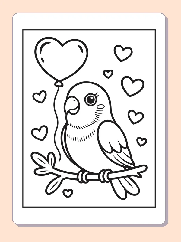 Black and white printable bird carrying a heart balloon coloring sheet