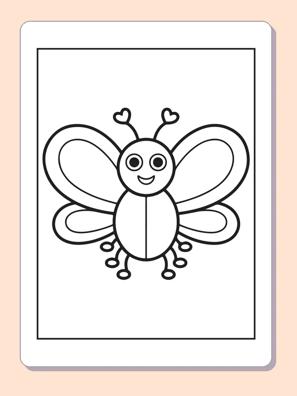 Black and white printable butterfly with heart antennae coloring sheet