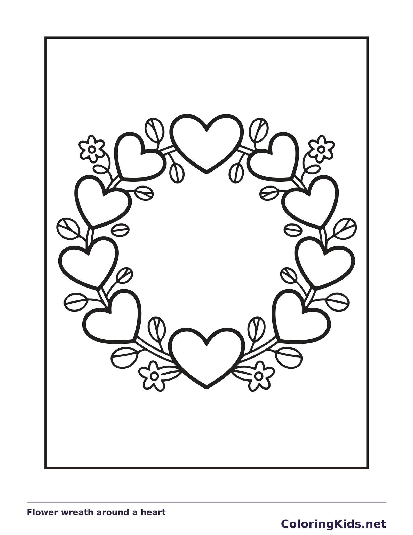 Black and white printable flower wreath around a heart coloring sheet