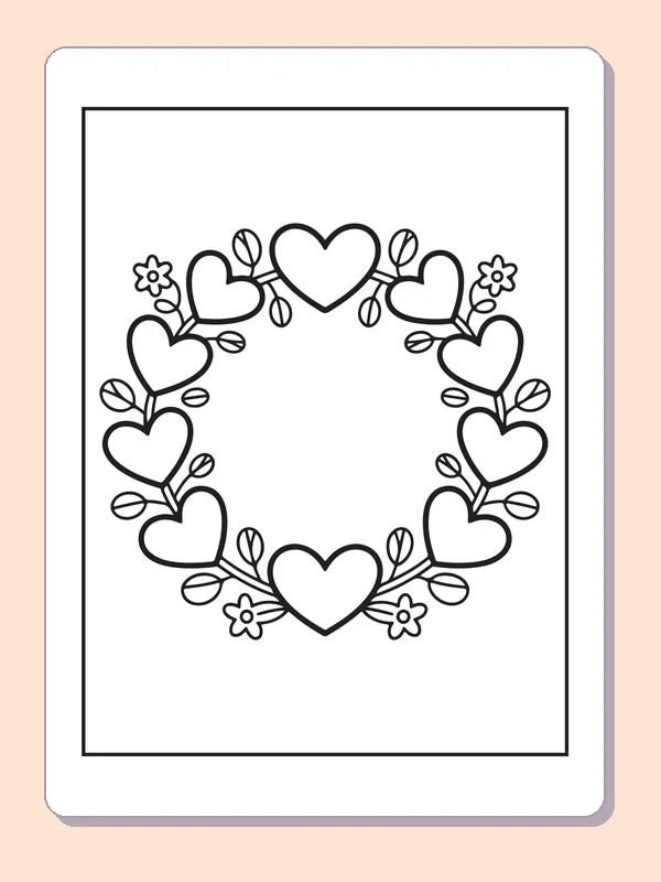Black and white printable flower wreath around a heart coloring sheet