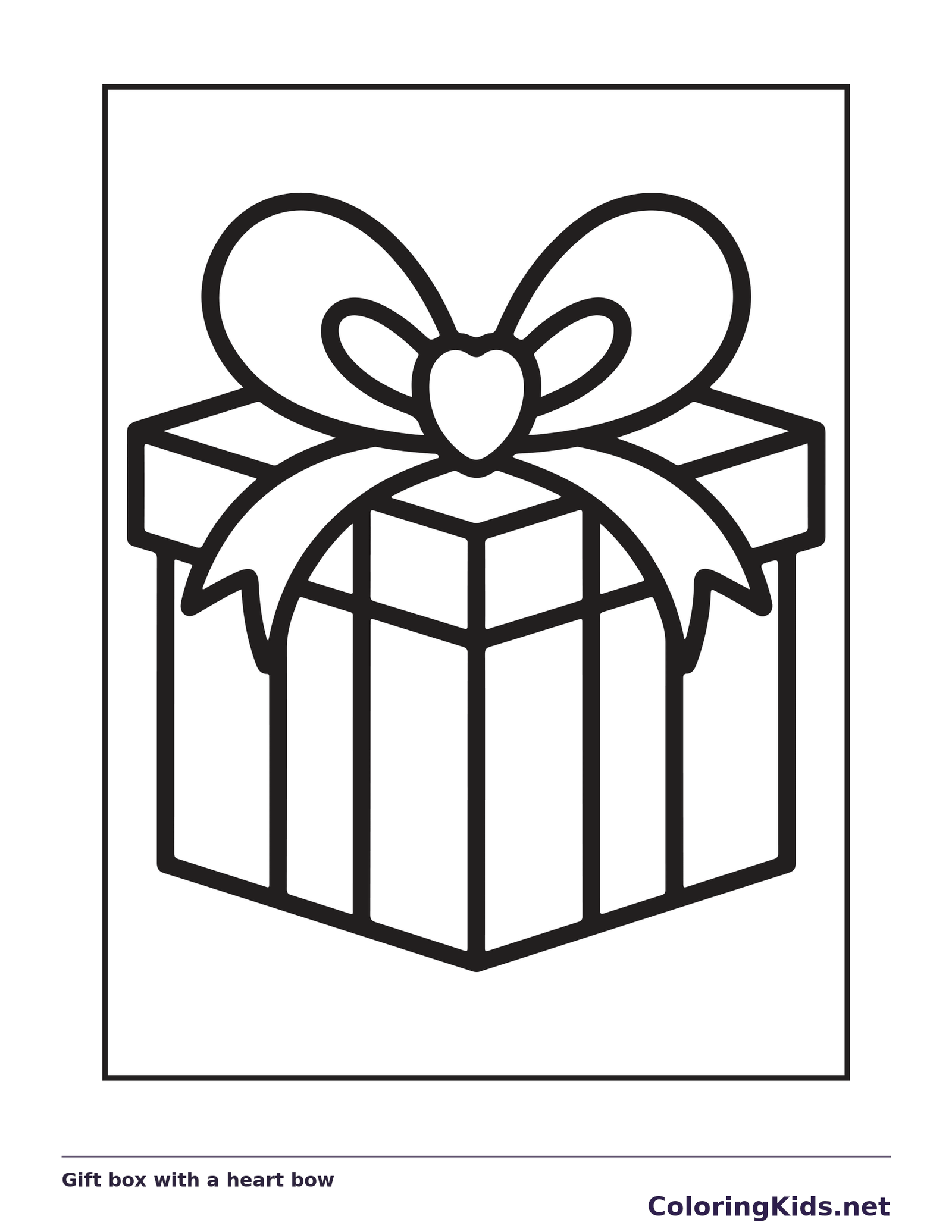 Black and white printable gift box with a heart bow coloring sheet
