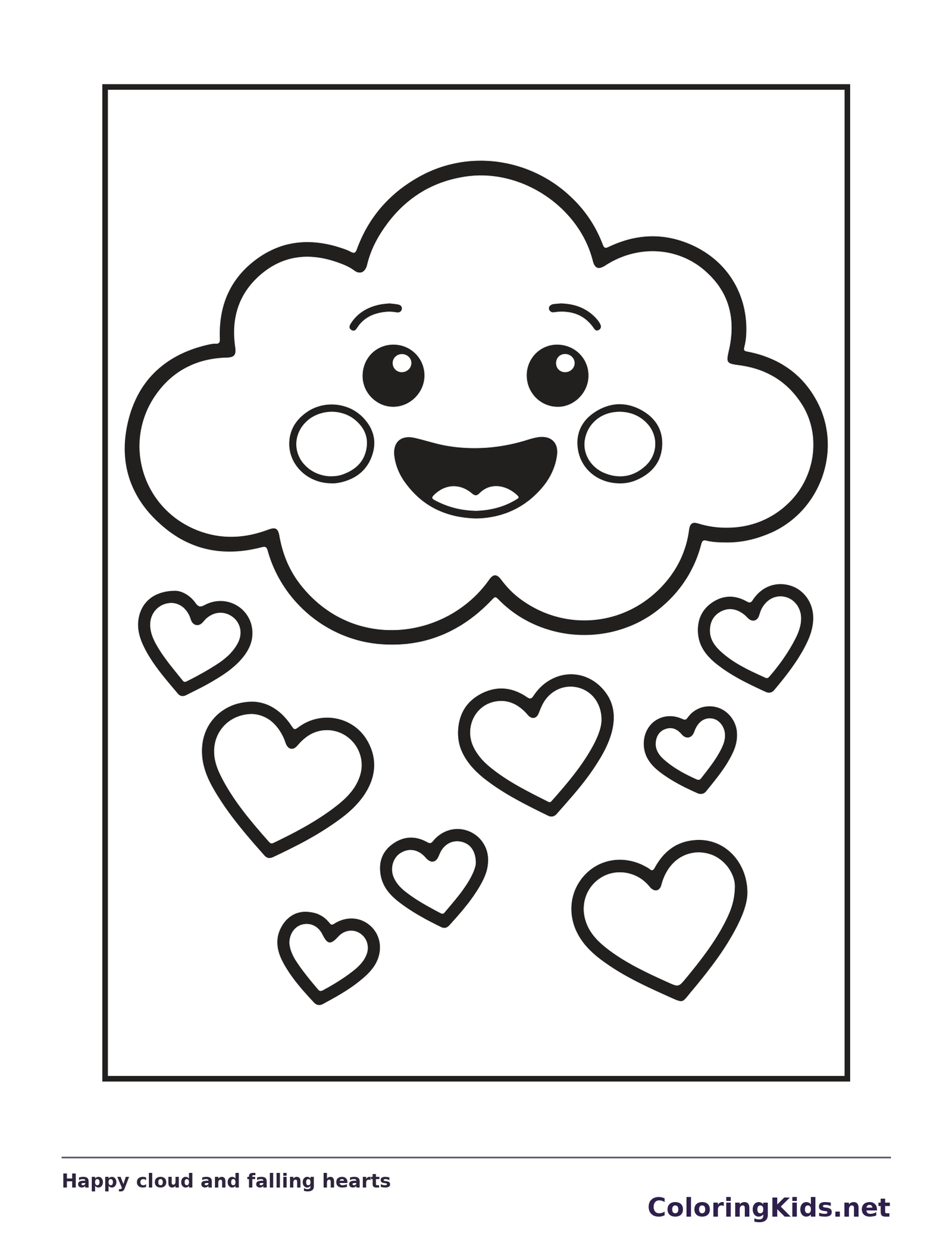 Black and white printable happy cloud and falling hearts coloring sheet