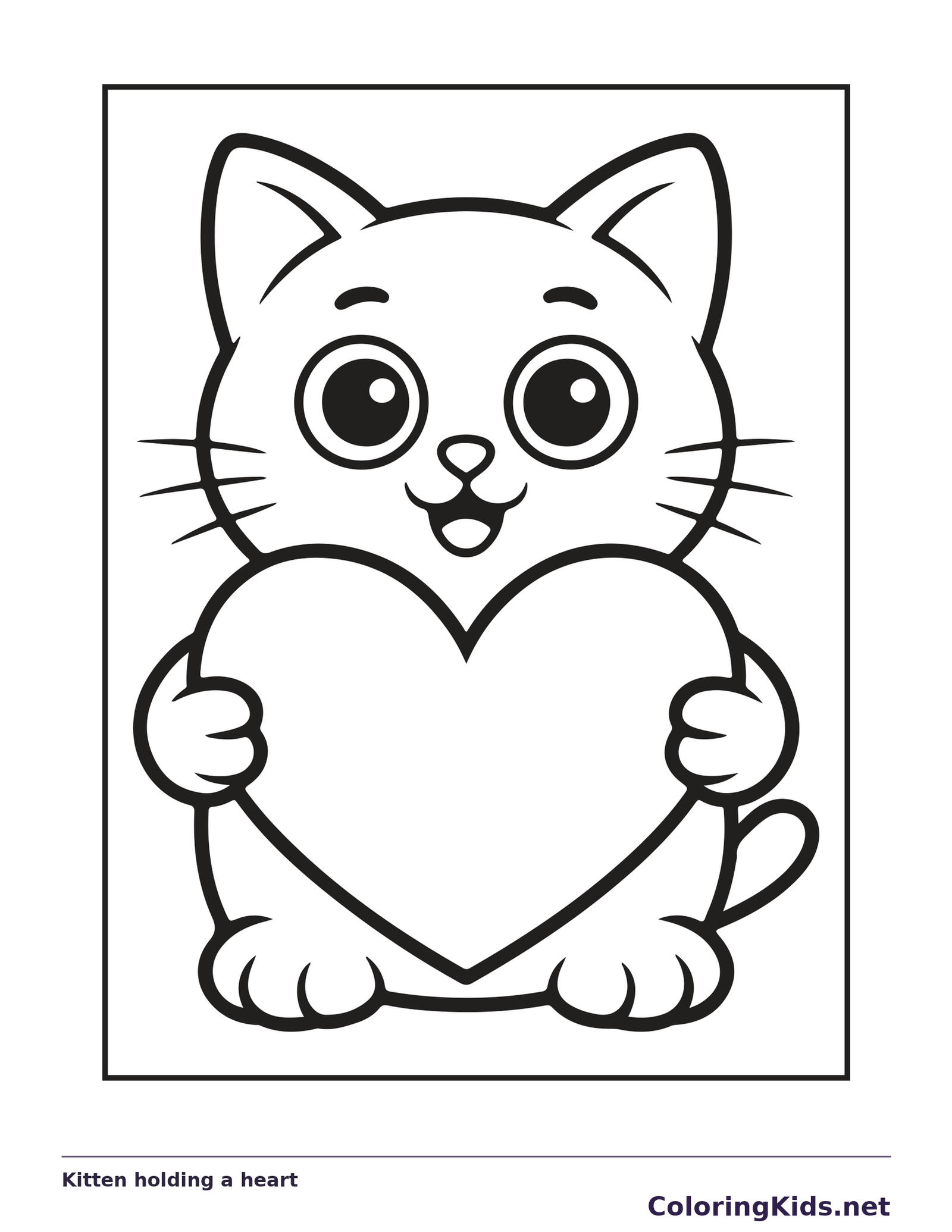 Black and white printable kitten holding a heart coloring sheet