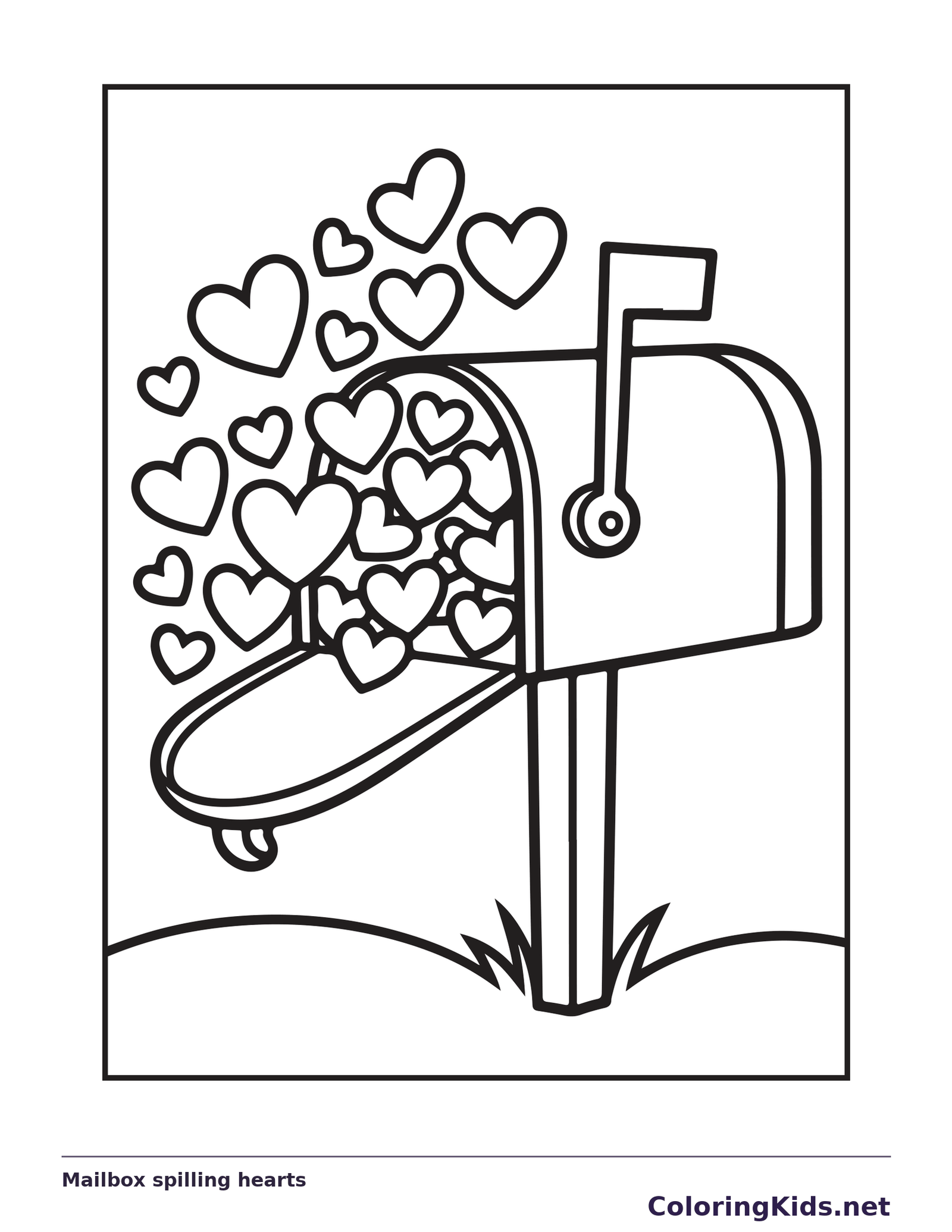 Black and white printable mailbox spilling hearts coloring sheet
