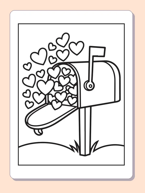 Black and white printable mailbox spilling hearts coloring sheet