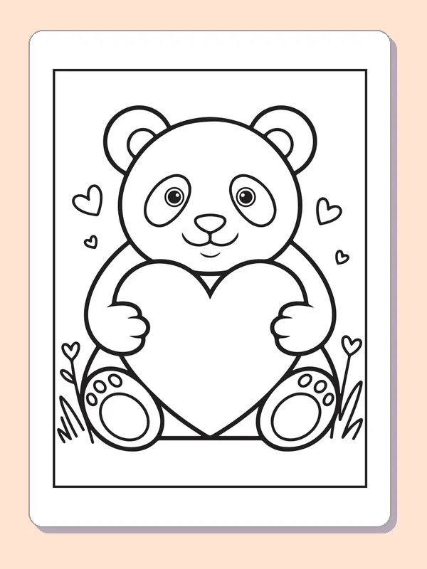 Black and white printable panda hugging a heart coloring sheet
