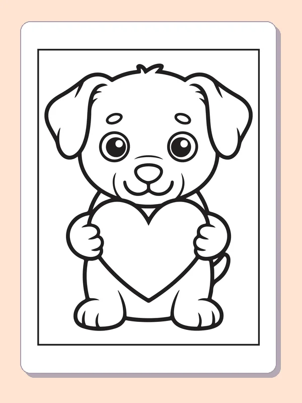 Black and white printable puppy carrying a heart coloring sheet