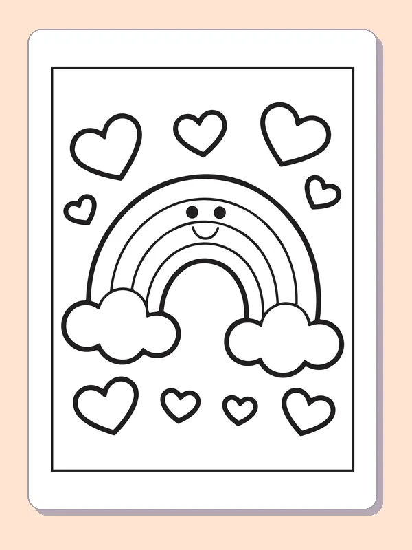 Black and white printable rainbow over little hearts coloring sheet