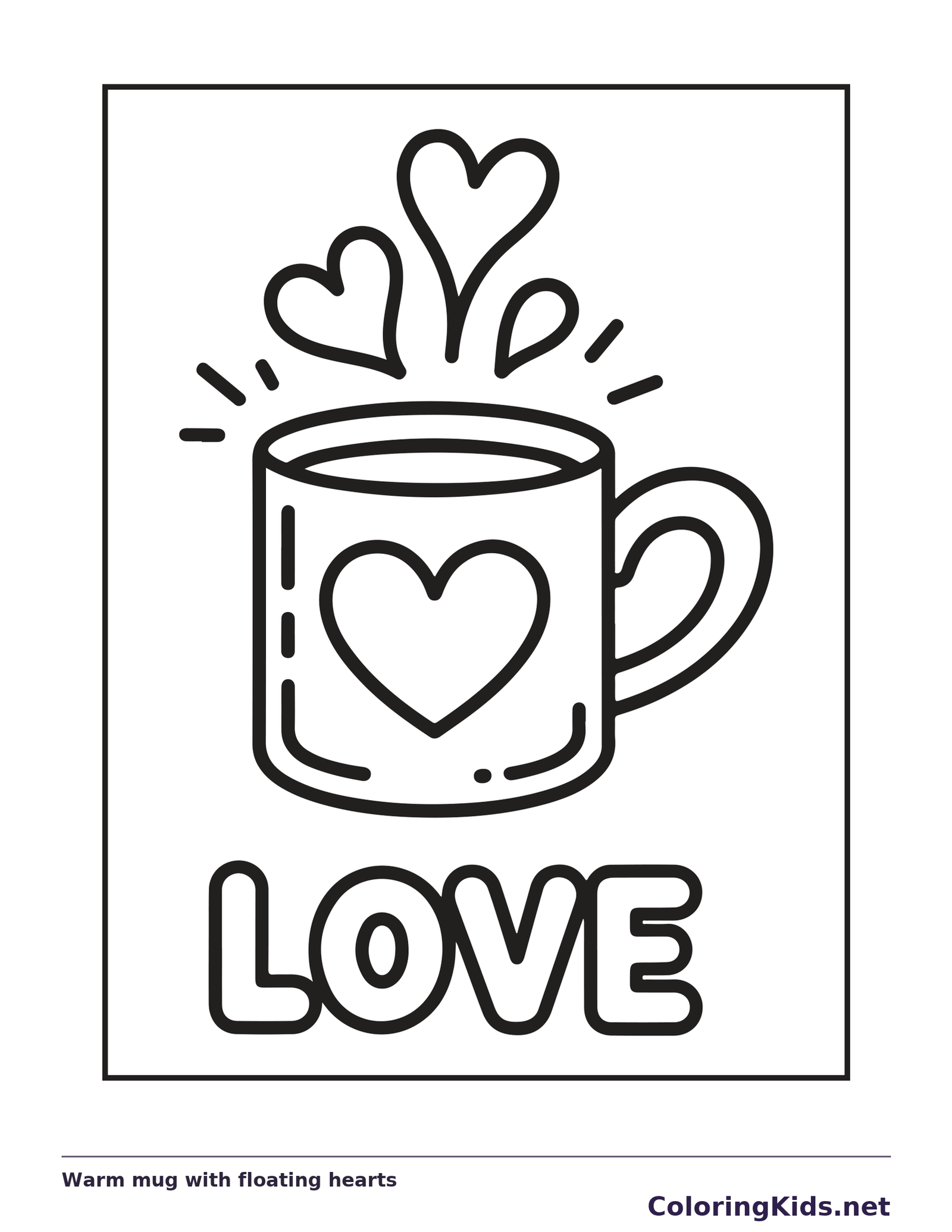 Black and white printable warm mug with floating hearts coloring sheet