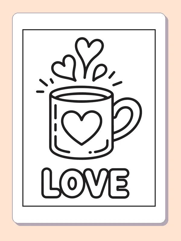 Black and white printable warm mug with floating hearts coloring sheet