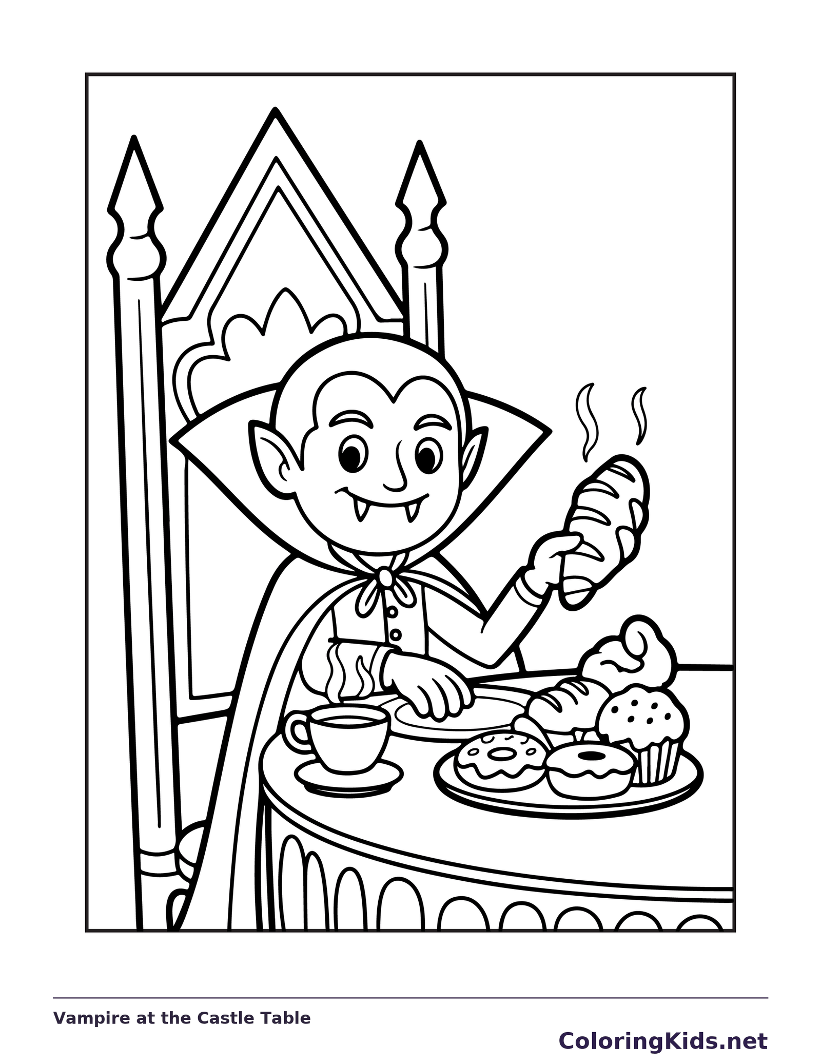 Vampire at the Castle Table coloring page: black and white line art to print or color online
