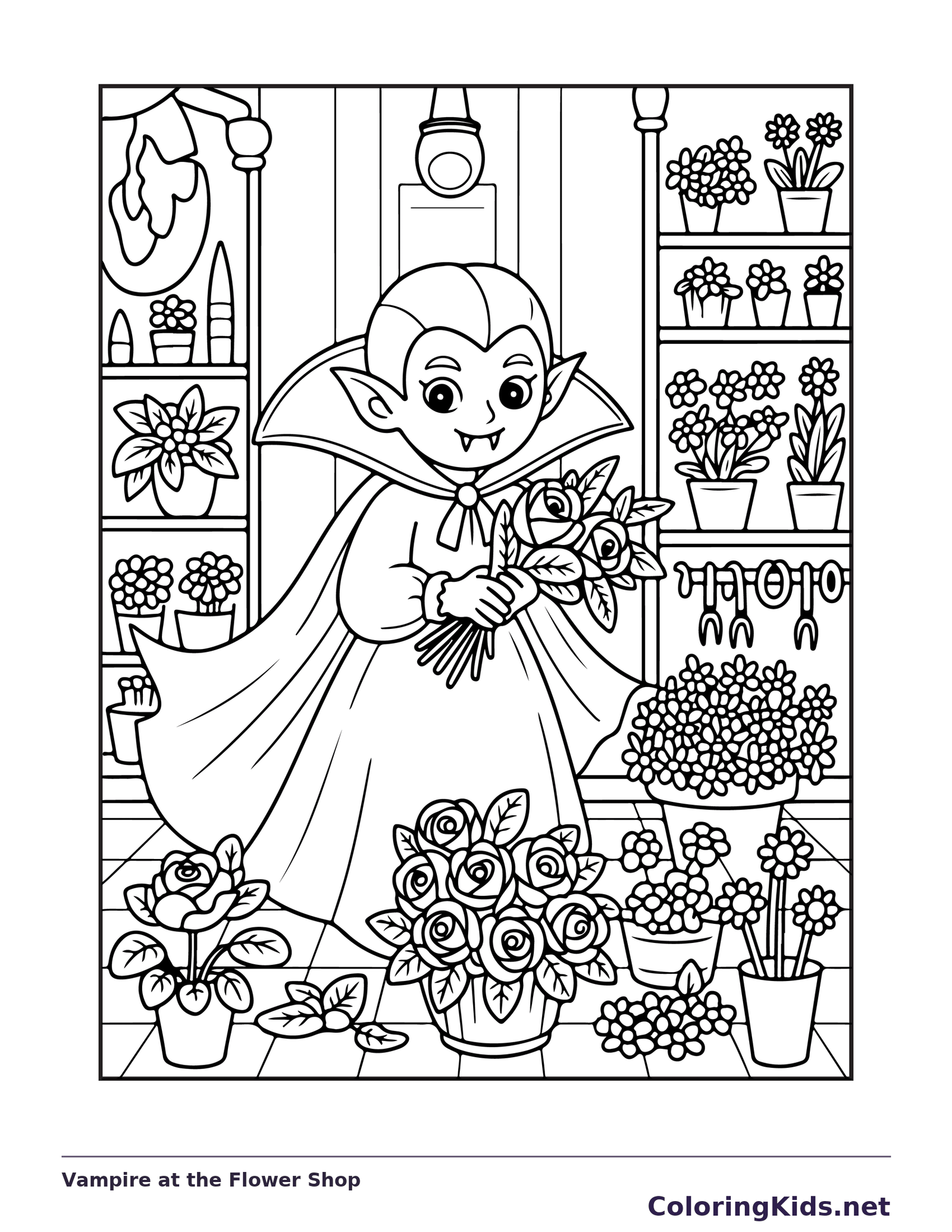 Vampire at the Flower Shop coloring page: black and white line art to print or color online