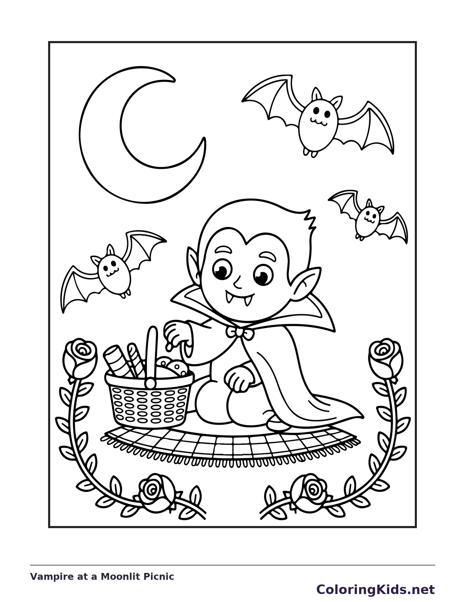 Vampire at a Moonlit Picnic coloring page: black and white line art to print or color online