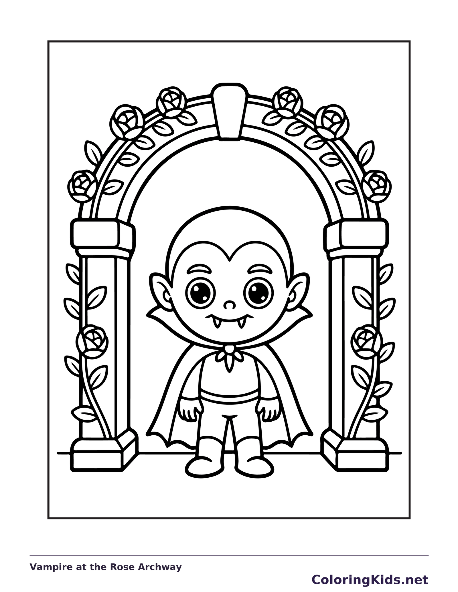 Vampire at the Rose Archway coloring page: black and white line art to print or color online