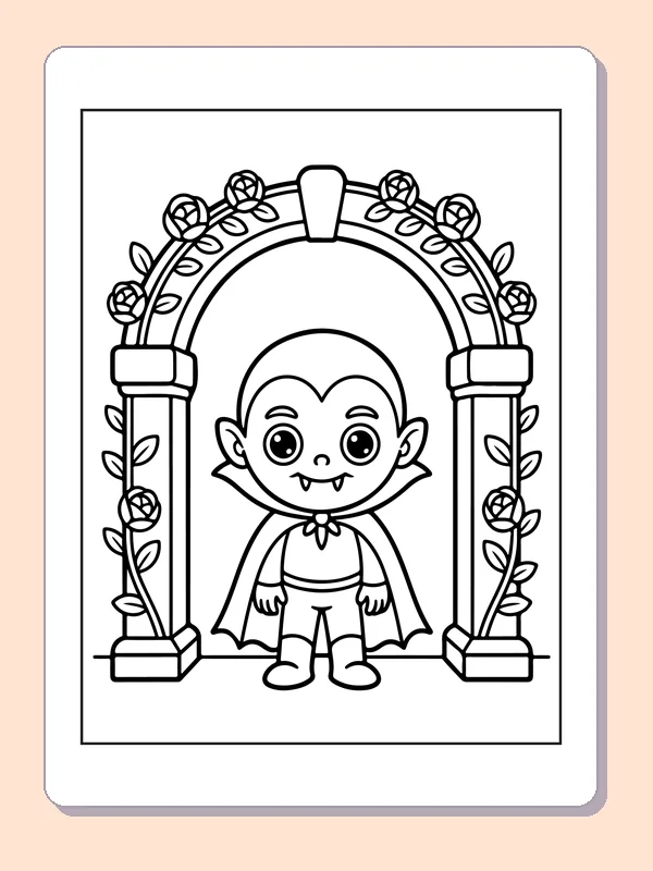 Vampire at the Rose Archway coloring page: black and white line art to print or color online