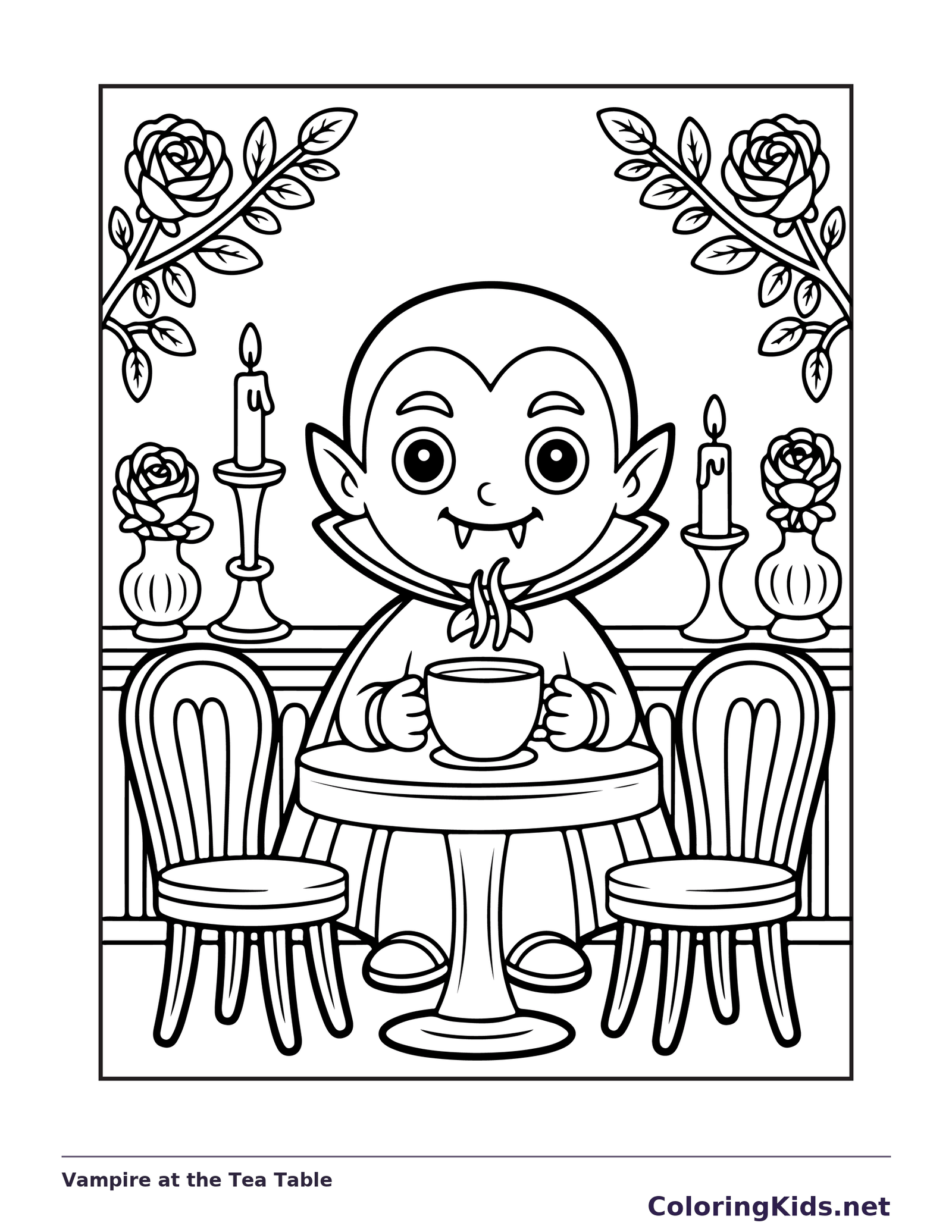 Vampire at the Tea Table coloring page: black and white line art to print or color online