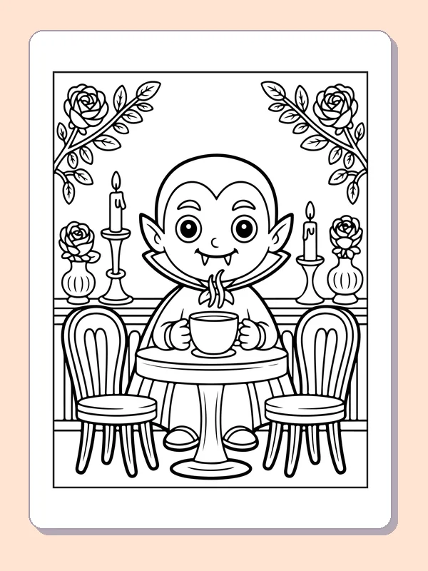 Vampire at the Tea Table coloring page: black and white line art to print or color online