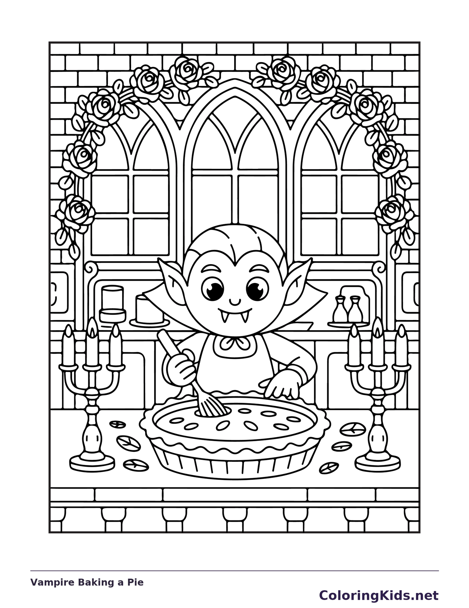 Vampire Baking a Pie coloring page: black and white line art to print or color online