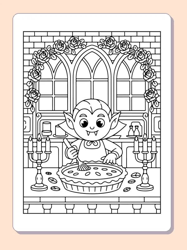 Vampire Baking a Pie coloring page: black and white line art to print or color online