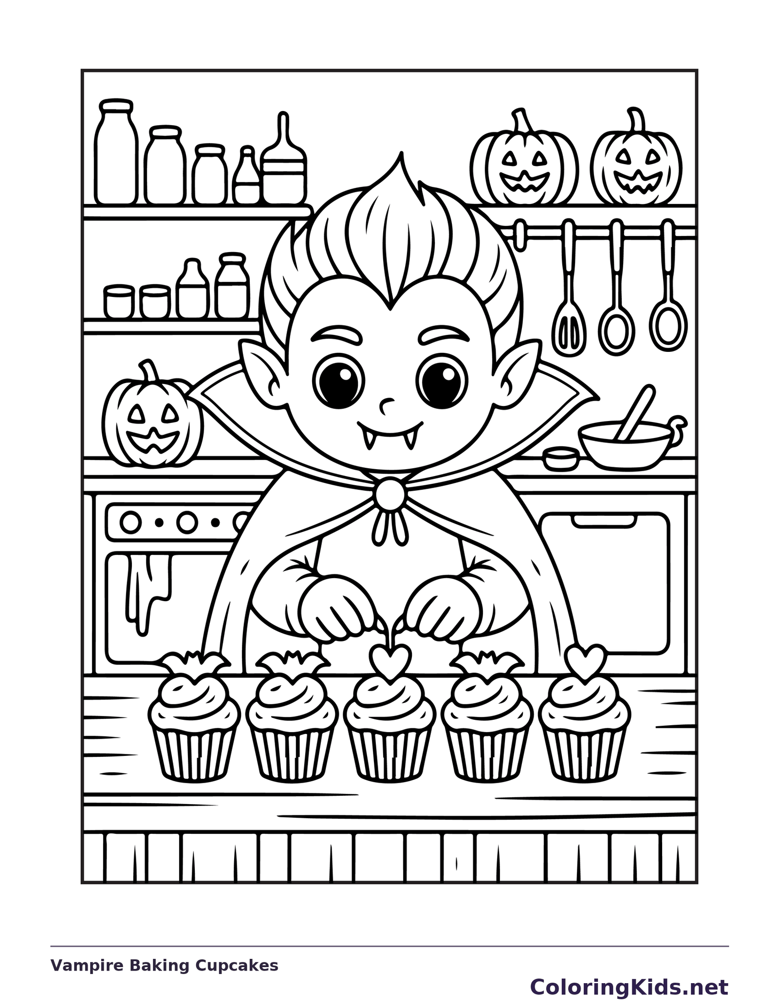 Vampire Baking Cupcakes coloring page: black and white line art to print or color online