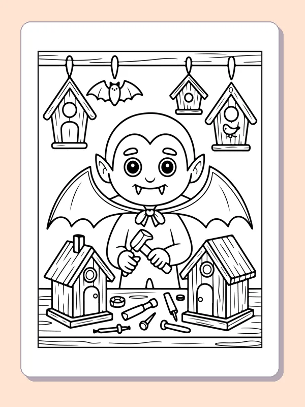 Vampire Building Bat Houses coloring page: black and white line art to print or color online