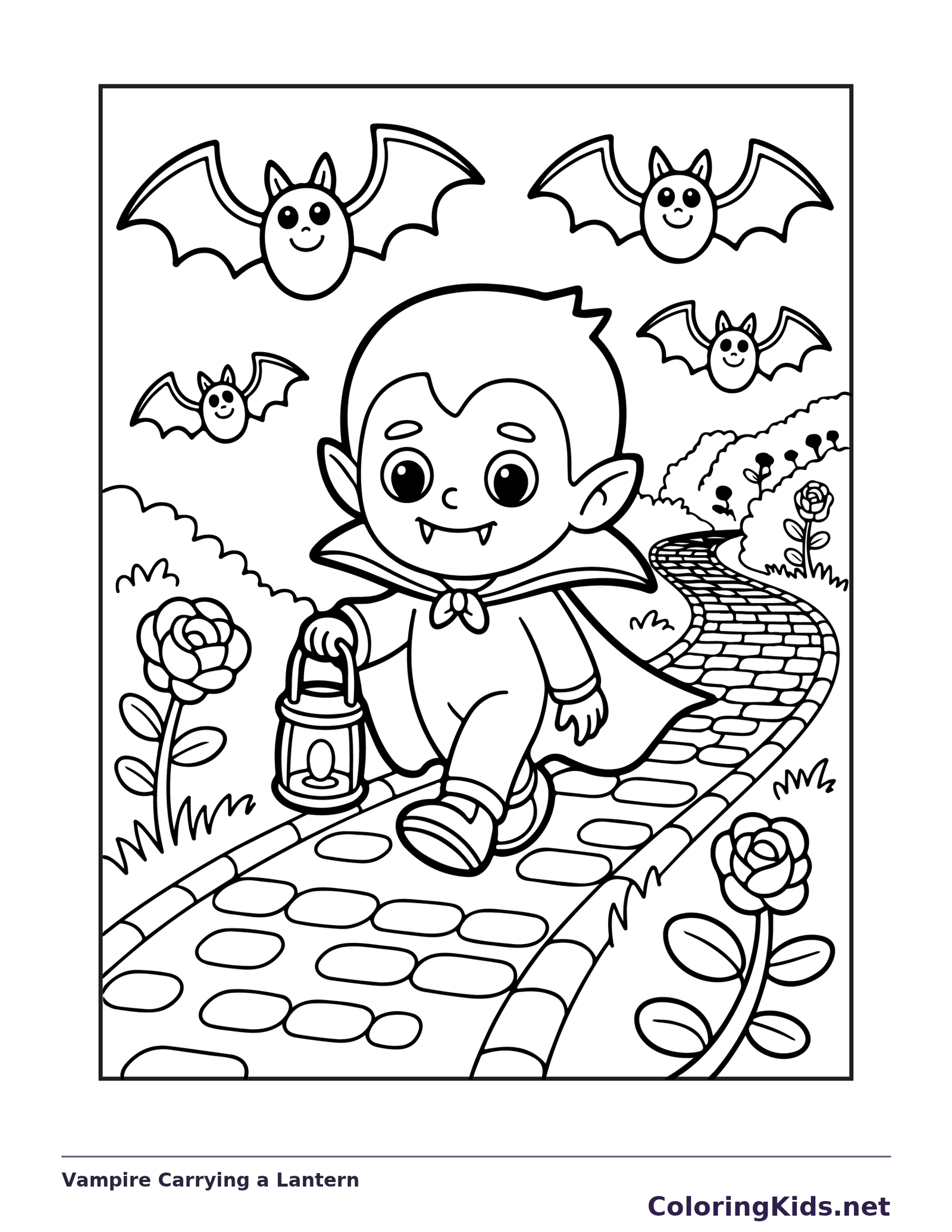 Vampire Carrying a Lantern coloring page: black and white line art to print or color online