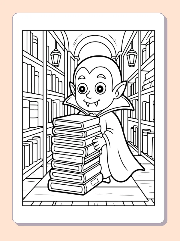 Vampire Carrying a Stack of Books coloring page: black and white line art to print or color online