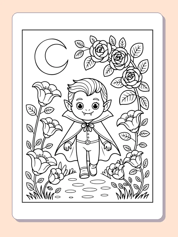 Vampire in the Rose Garden coloring page: black and white line art to print or color online