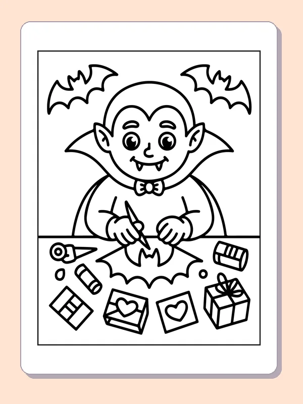 Vampire Making Bat Crafts coloring page: black and white line art to print or color online