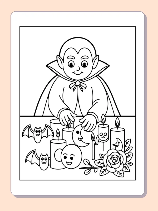 Vampire Making Kitchen Treats coloring page: black and white line art to print or color online