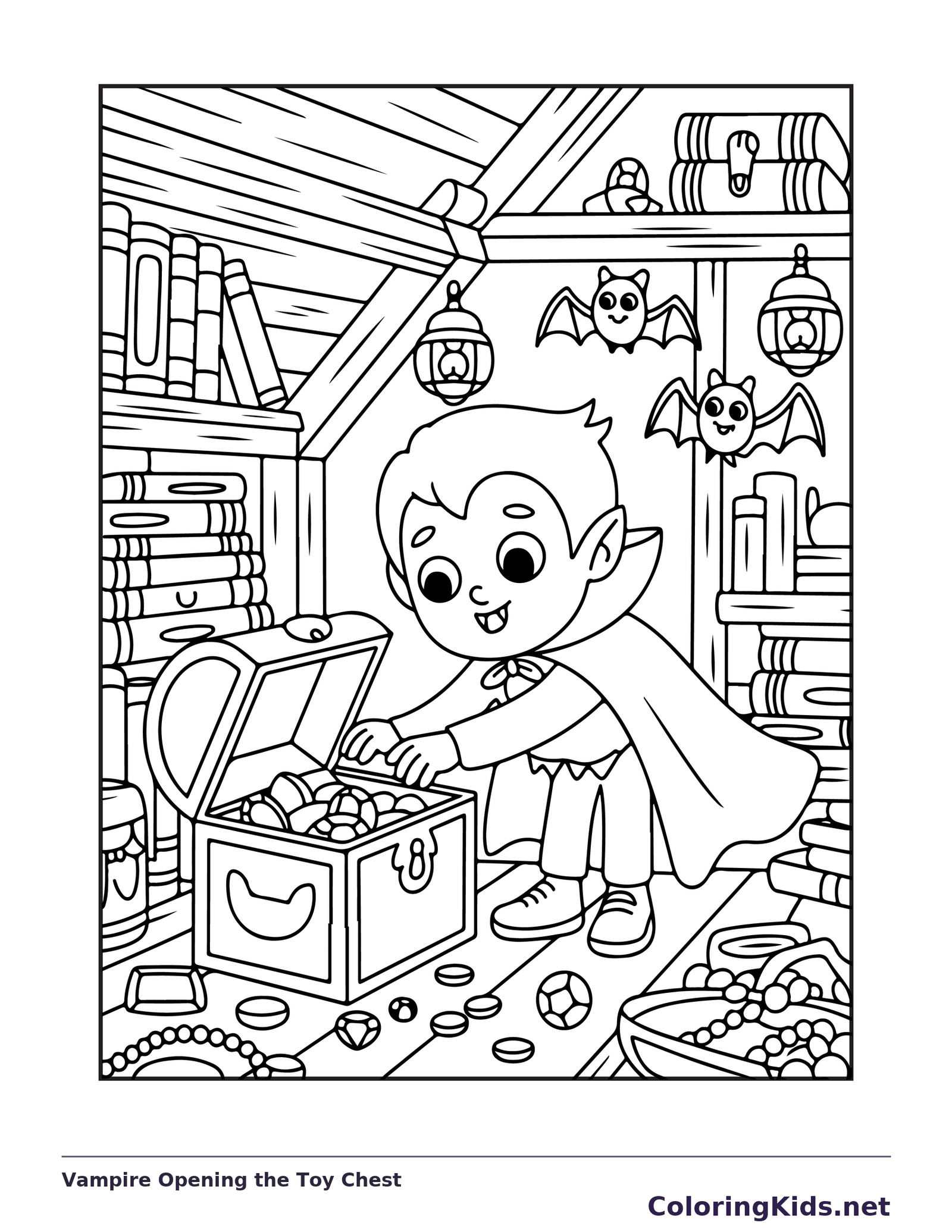 Vampire Opening the Toy Chest coloring page: black and white line art to print or color online
