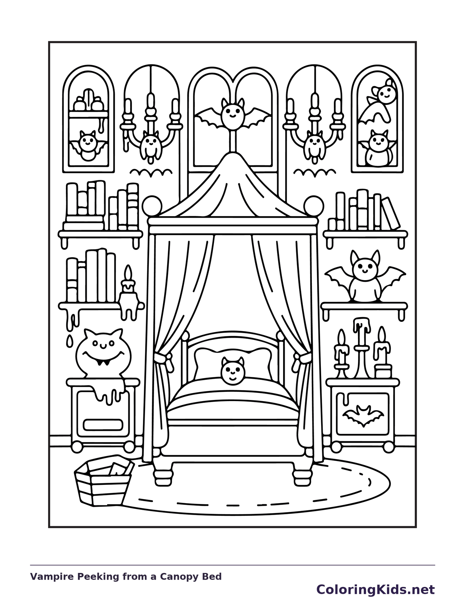 Vampire peeking from a canopy bed coloring page: black and white line art to print or color online