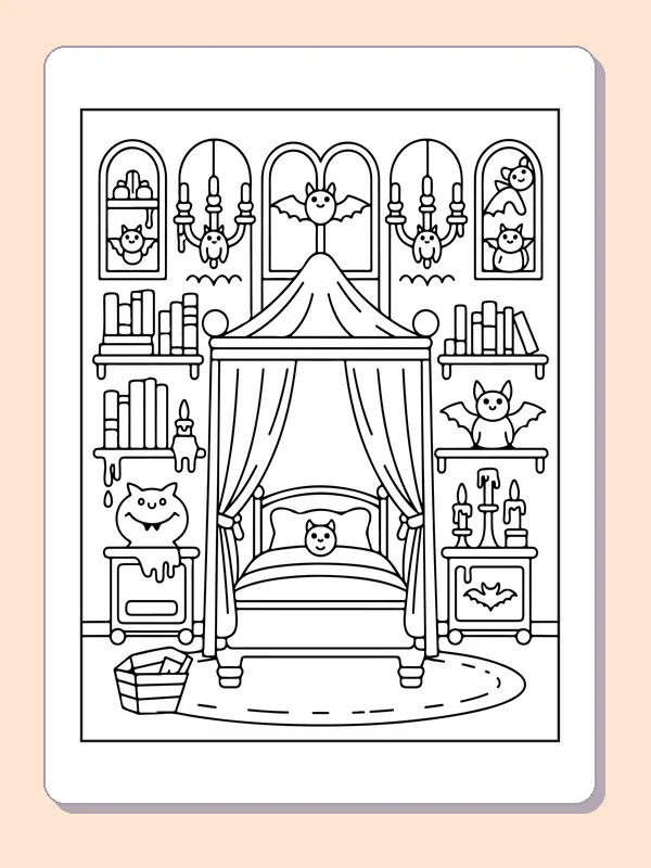 Vampire peeking from a canopy bed coloring page: black and white line art to print or color online