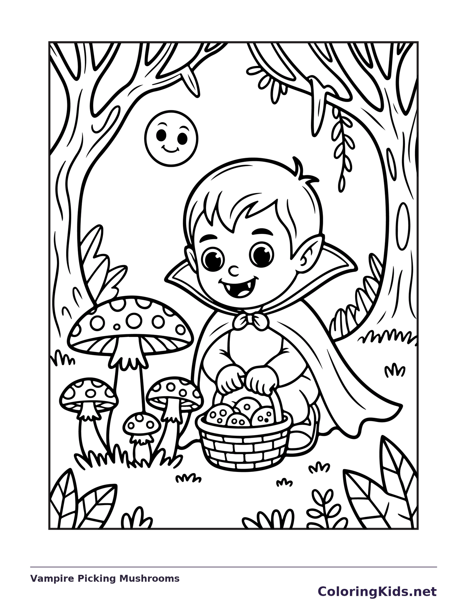 Vampire Picking Mushrooms coloring page: black and white line art to print or color online