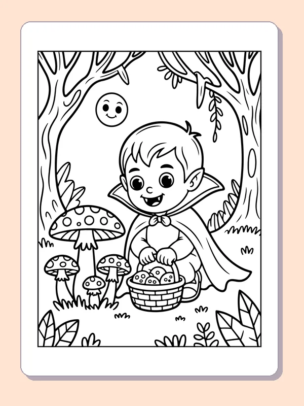 Vampire Picking Mushrooms coloring page: black and white line art to print or color online