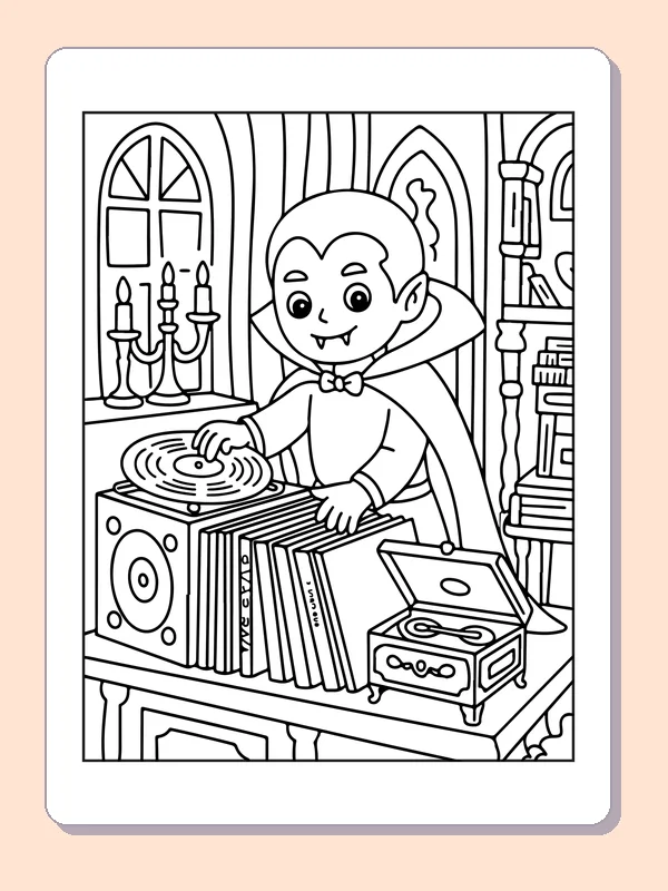 Vampire Playing Records coloring page: black and white line art to print or color online