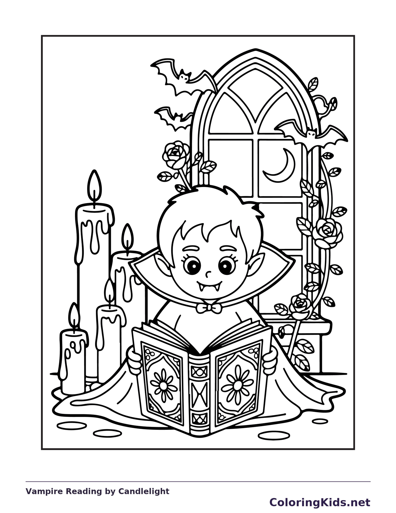 Vampire Reading by Candlelight coloring page: black and white line art to print or color online