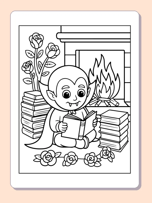 Vampire Reading by the Fire coloring page: black and white line art to print or color online