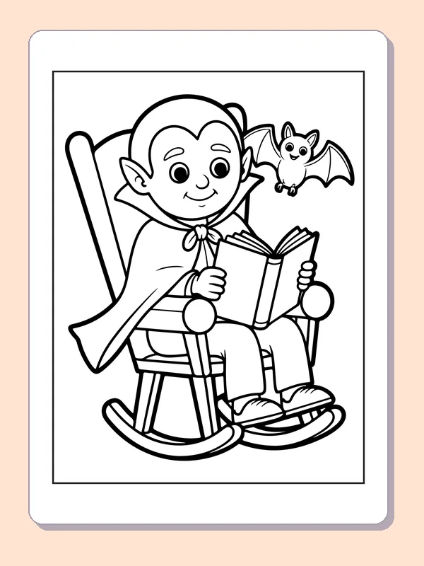 Vampire Reading in a Rocking Chair coloring page: black and white line art to print or color online