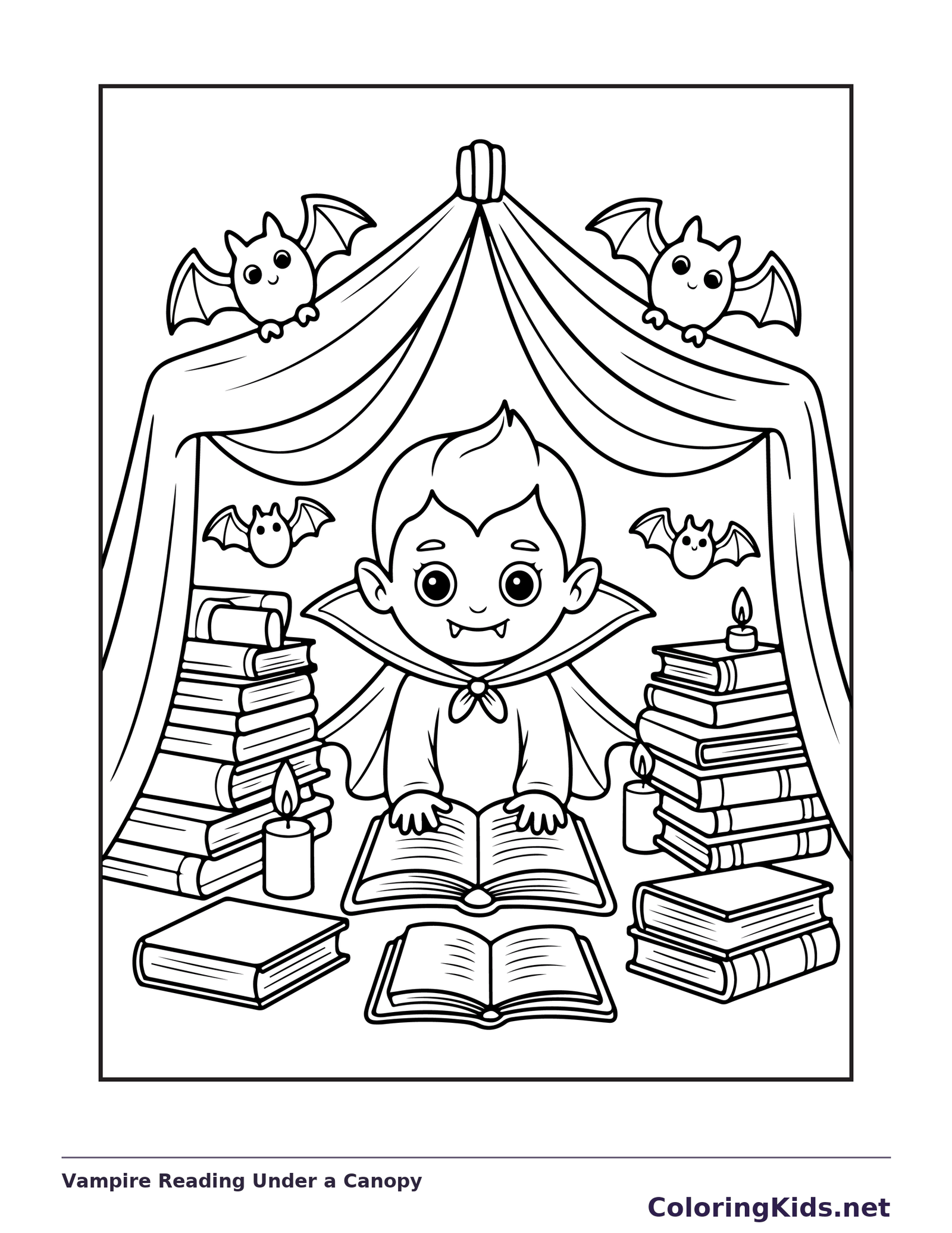 Vampire Reading Under a Canopy coloring page: black and white line art to print or color online