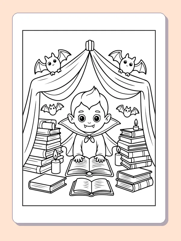 Vampire Reading Under a Canopy coloring page: black and white line art to print or color online