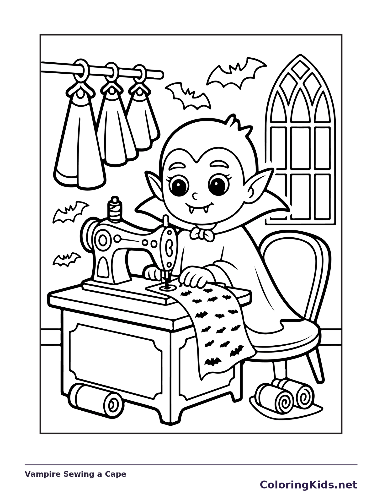 Vampire Sewing a Cape coloring page: black and white line art to print or color online
