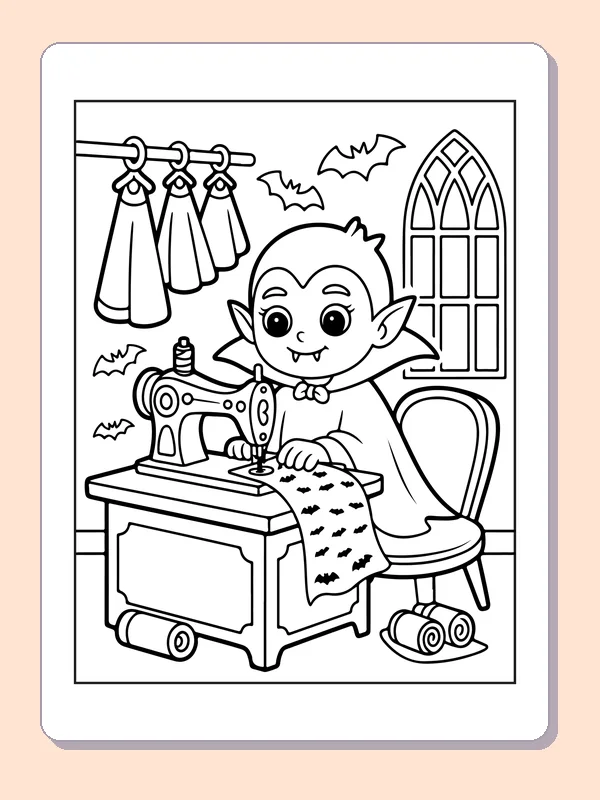Vampire Sewing a Cape coloring page: black and white line art to print or color online