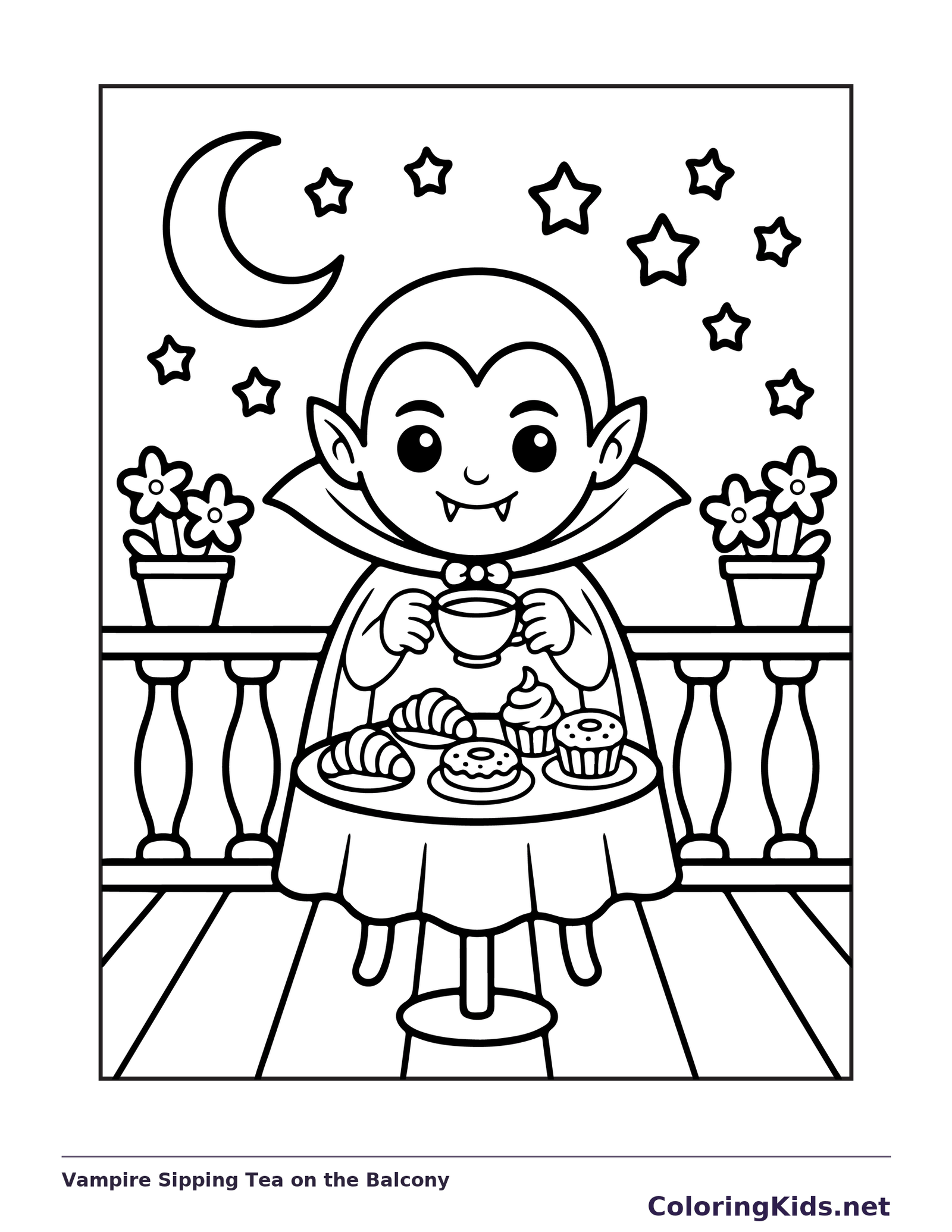 Vampire Sipping Tea on the Balcony coloring page: black and white line art to print or color online